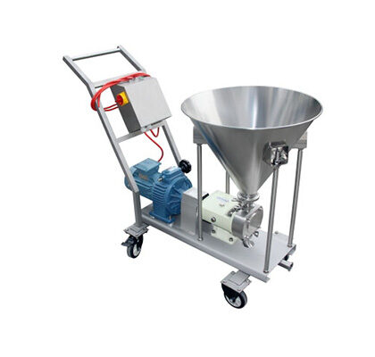 Bomba de lóbulos sanitária industrial em aço inox, montada em unidade móvel (carrinho com rodízios) para uso portátil em linhas de produção